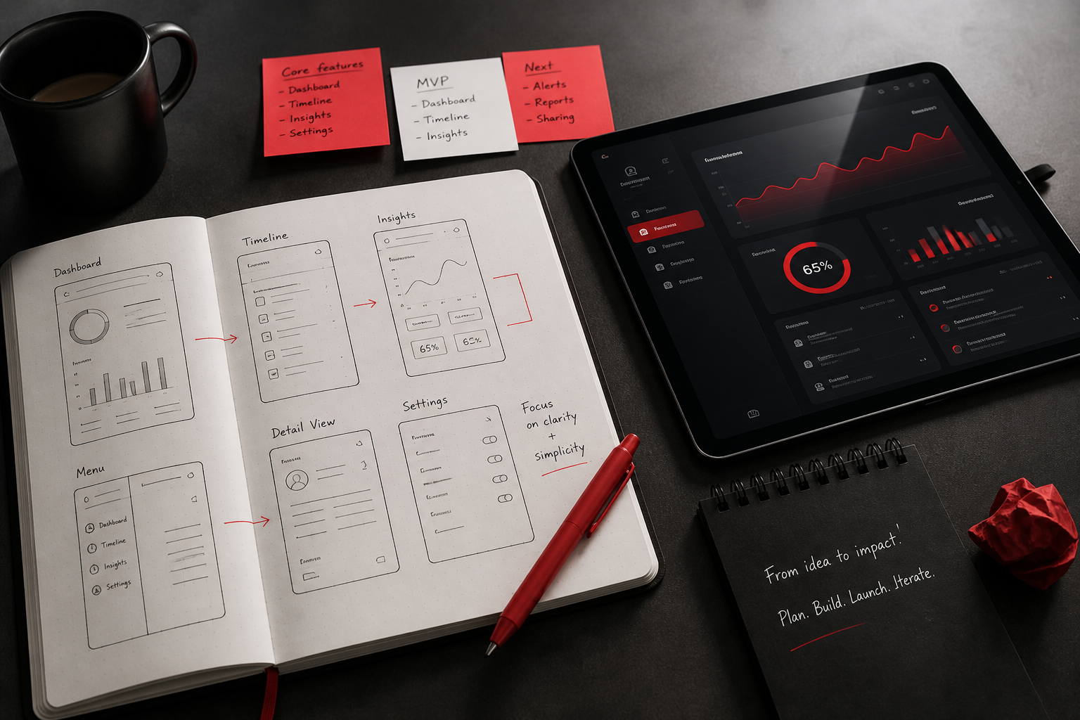 Wireframe sketches next to a finished app prototype on a tablet